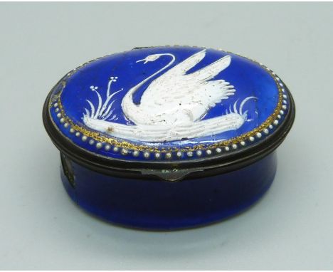 A blue enamel patch box with swan detail, a/f 