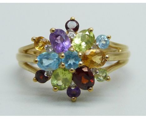 A 9ct gold, multi-gem and diamond cluster ring, 3g, N 