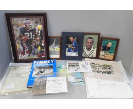 Sporting memorabilia; a collection of autographed items including a letter from Dennis Compton, a book signed by Tom Finny, p