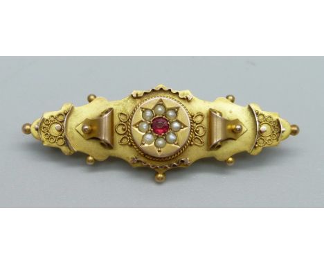 A 9ct gold, ruby and pearl brooch, a/f, Chester 1918, 3g, boxed 