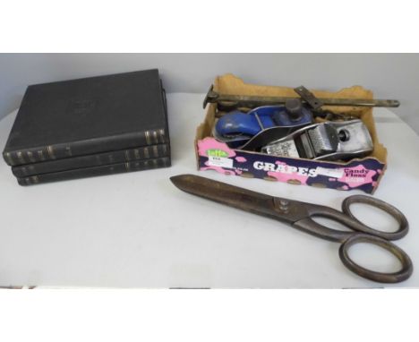 A large pair of scissors, 34cm, a collection of tools and three engineering books 