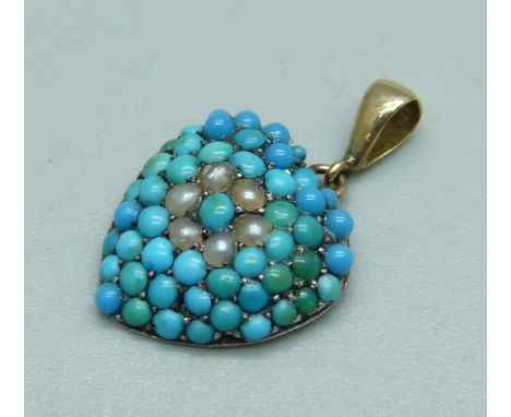 A Victorian turquoise and pearl pendant, (silver setting, gold back), 14mm wide 