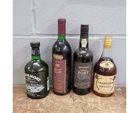 Four bottles of alcohol; Tobermory Scotch Whisky, Napoleon Brandy, Tawny Port and a bottle of 1991 Cabernet Sauvignon 