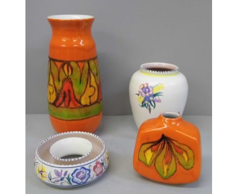 Two Poole Delphis vases and two items of Poole pottery 