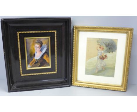 A Limoges enamel plaque of a lady together with an early Victorian silk picture 