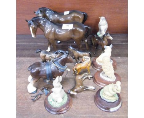 A collection of Beswick horses, one a/f and other animal and bird figures 