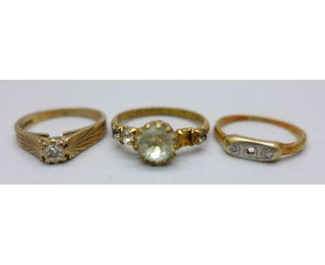 A 9ct gold and diamond ring, 2.4g, K, and two other rings, a/f 