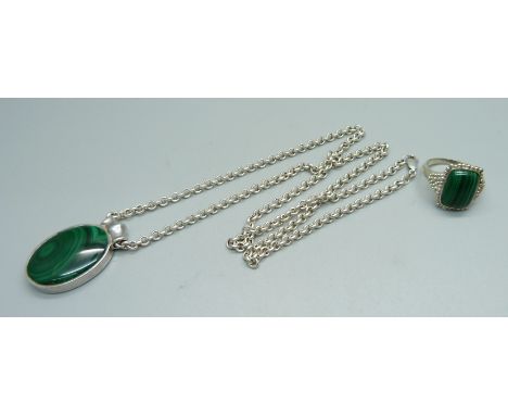 A silver and malachite pendant and chain and a silver and malachite ring, V 