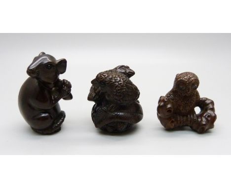 Three carved netsuke, owl, mouse and birds 