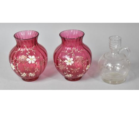 Two Late 19th/Early 20th Century Cranberry Glass Vases, Applied Enamel Decoration together with a Glass Jug with Etched Decor