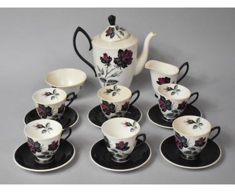 A Royal Albert Rose Pattern Coffee Set to comprise Coffee Pot, Milk Jugs and Sugar Bowl, Six Cans and Saucers (Varying Condit