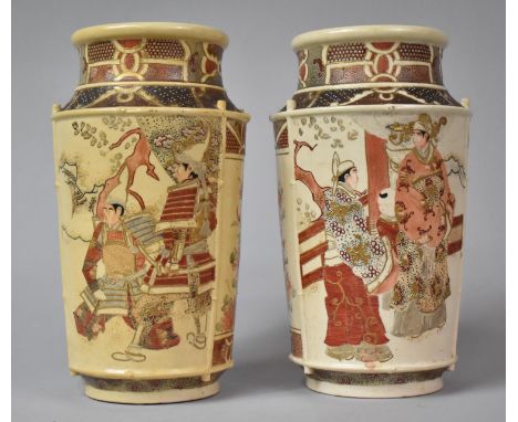 A Pair of Japanese Satsuma Vases with Stylised Bamboo Decoration Relief Bordering Panels Depicting Warriors and Figures in th