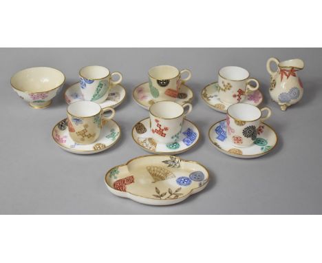 A Royal Worcester Aesthetic Coffee Set Decorated with Precious Objects such as Fans, Tokens and Leaves and Enriched with Gilt