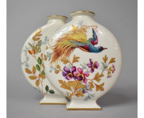 A Royal Worcester Double Vase Decorated with Birds, Flowers and Insects, Puce Printed Mark for 1879, 15cm high, varying condi