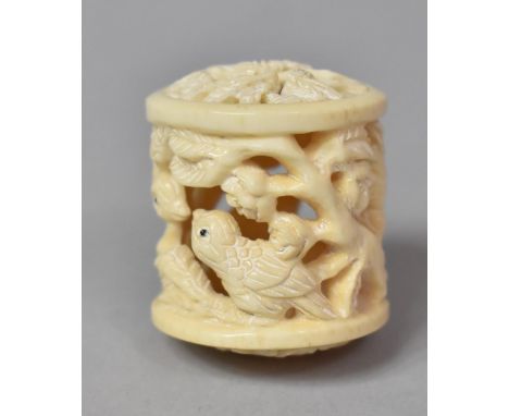 A Carved Bone Netsuke of Cylindrical form with Pierced and Carved Decoration Depicting Birds in Tree, 3cm High and 3cm diamet