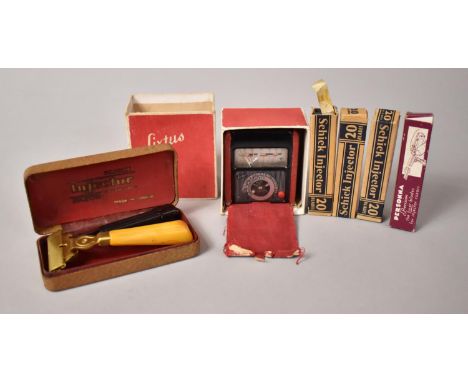 A Collection of Vintage Schick Injector Razor Blades and Cased Razor Together with a Light Meter 
