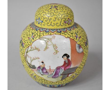 A Chinese Porcelain Ginger Jar in the Famille Rose Palette on Yellow Ground with Figural Cartouche Scenes, Together with a Mo