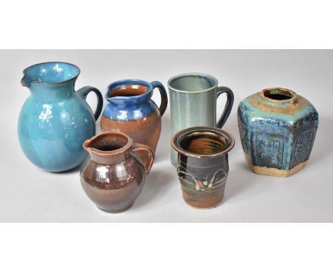 A Collection of Various Glazed Studio Pottery to comprise Jugs, Large Scroll Handled Blue Coloured Mugs by Ashton Potters, Ch