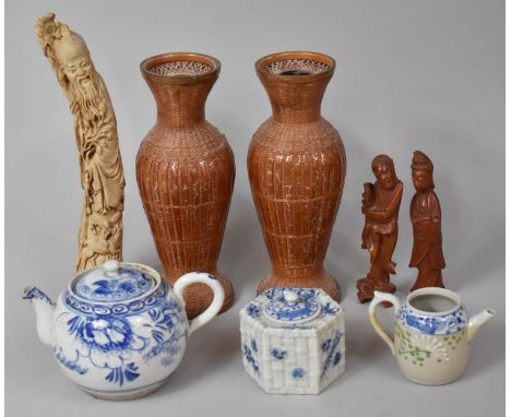 A Collection of Oriental Items to Include Three Pieces of Oriental Blue and white to Comprise 19th Century Chinese Teapot (St