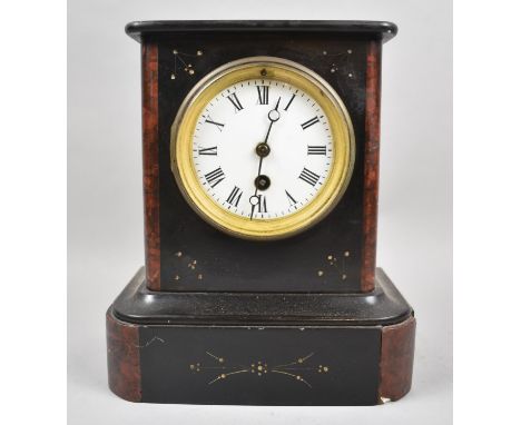 A French Black Slate and Marble Mantel Clock of Architectural Form, with Pendulum and Key, 23cms High 