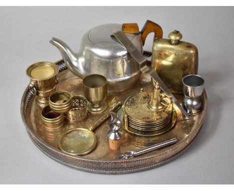 A Collection of Various Metalwares to comprise Galleries Circular Tray, Piquotware Teapot, Hip Flask Etc 