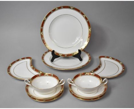 Two Pieces of Royal Crown Derby Cloisonne Pattern Dinnerwares to comprise Two Kidney Shaped Dishes, Two Large Plates, Two Sau