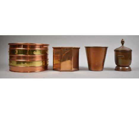 A Circular Copper and Brass Banded Planter, Cylindrical Tobacco Pot etc 