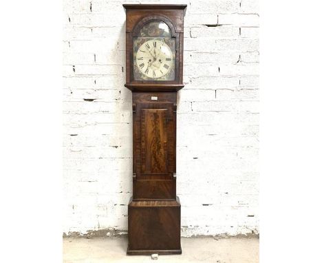 A mahogany longcase clock, second quarter of the 19th century, the hood with arched door over cross banded trunk door above a