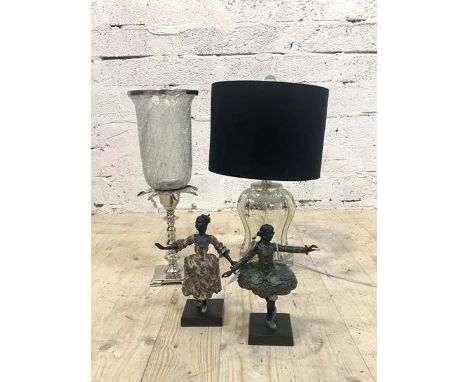 A Contemporary glass and silvered table light with drum shade (43cm) together with a silvered candle stick with inverted bell