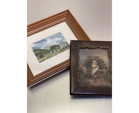 Scottish School, Landscape, watercolour, unsigned (10cm x 15cm excluding frame) and a 19thc portrait of a Young Girl, oil on 