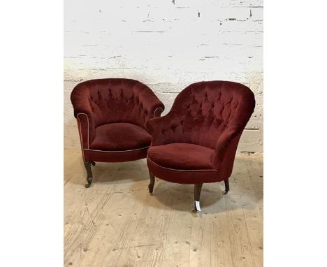 A matched pair of upholstered button back tub armchairs, H78cm, W72cm, D68cm