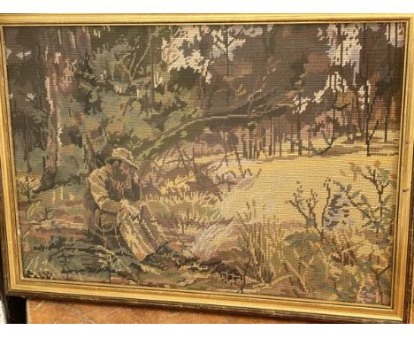 A tapestry panel depicting Gentleman with Fire in Woods (43cm x 62cm)