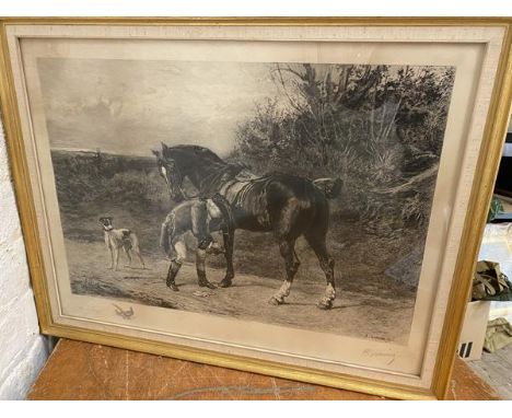 Gravier, 19thc etching, Gentlemen attending to Horseshoe, signed bottom right and also signed Heywood Hardy bottom left (48cm