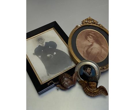 A framed Victorian style photograph of a Portrait, an oval print after Angelica Kauffman in gilt composition frame, a portrai