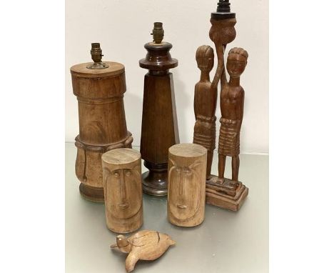 A pair of female African carved wood figures with basket, converted to lamp, a Victorian rosewood octagonal piano leg convert