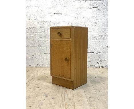 Meredew, A mid century light oak veneered bedside cupboard, with drawer and cupboard, H65cm, W31cm, D33cm