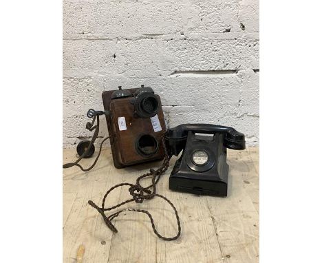 A vintage bakerlight cased telephone, together with an early 20th century wooden cased wall hanging telephone stamped GPO ver