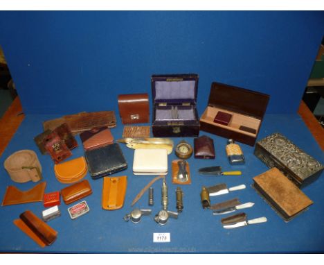 A quantity of miscellanea including embossed metal box, whistles, small tins, bakelite jewellery box and others, miner's bras