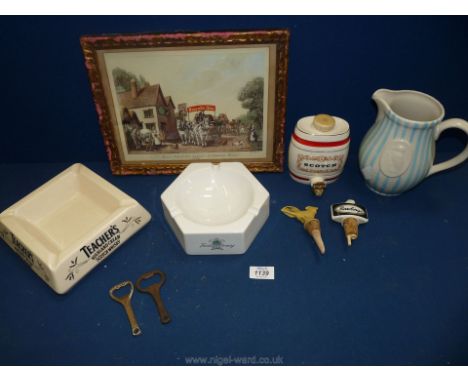 A quantity of brewing collectibles including a Bulmers Woodpecker water jug, Wade whiskey barrel, cockerel and Rawlins drinks