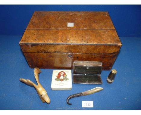 A 19th c. Box and a small box containing Victorian metal purse, lighter etc. and a carved horn walking stick handle.