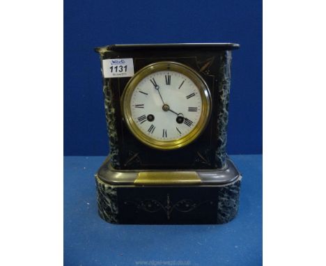 A heavy black marble Mantle Clock, presented to 'Miss Alice Somner', July 26th 1884, no key or pendulum, chip to corner.