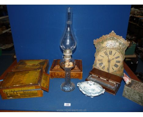 A quantity of miscellanea including inkwell/penholder, French sewing box, French vanity box (both painted), paper mache box, 