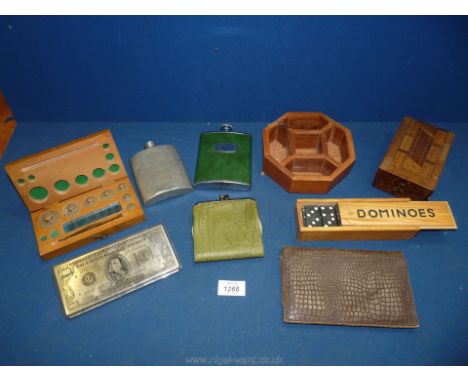 A quantity of Treen including various boxes, hip flask, dominoes, cribbage board etc.