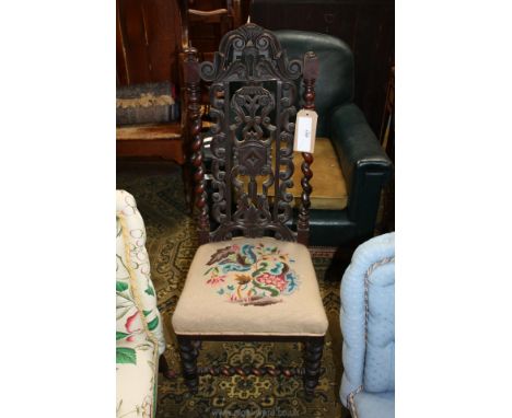 An elegant mixed dark woods fretworked and carved Hall/Side Chair with twist legs and back supports, the seat with tapestry f