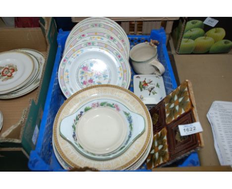 A quantity of china including pretty tile depicting oak leaves, small trinket box having birds, Worcester herbs dish, part St