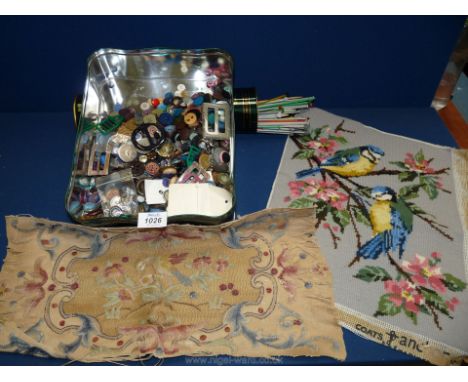 A small tray containing a large tin of vintage buttons, cylindrical tin of knitting needles, tapestry etc.