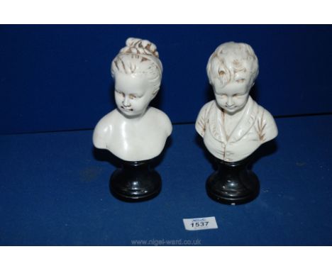A pair of white ceramic children Busts, Louise and Alexandre Brongniart.