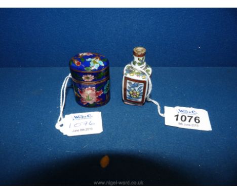 A small 19th century oriental ceramic snuff bottle with hand painted panels highlighted in gilt plus a small Cloisonne on cop