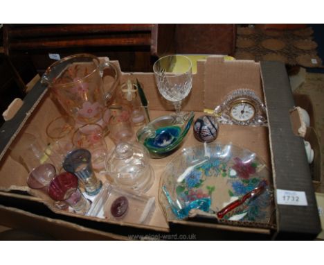 A quantity of glass including part lemonade set, lidded box with glass cameo, clock, Chance glass, Studio glass, paperweight 