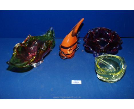 A Murano style multi colour posy vase, ashtray by Val Lambert and stylised fish